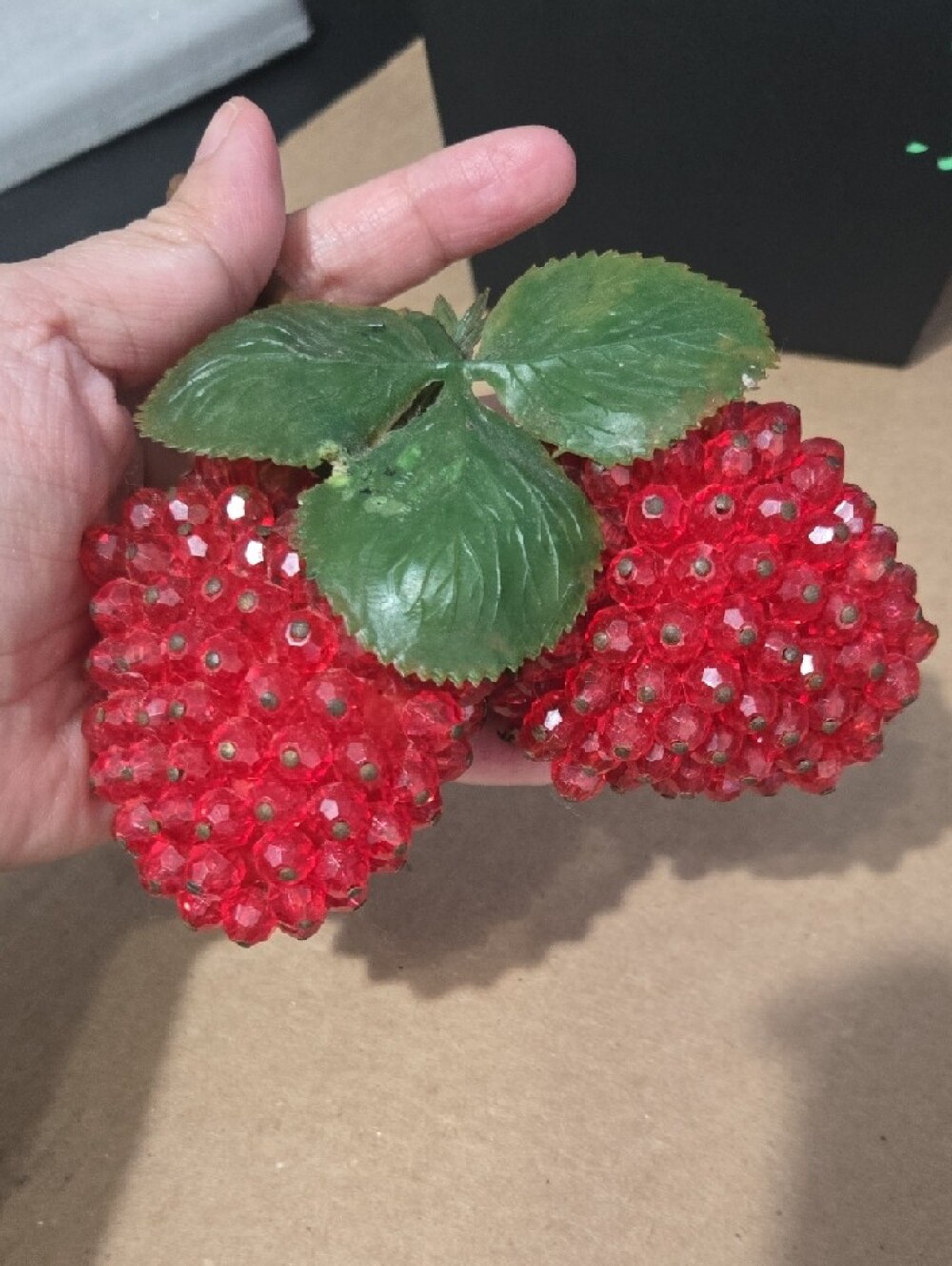 Vintage Red Faceted Lucite Strawberry with Green Leaves - Picture 2 of 5
